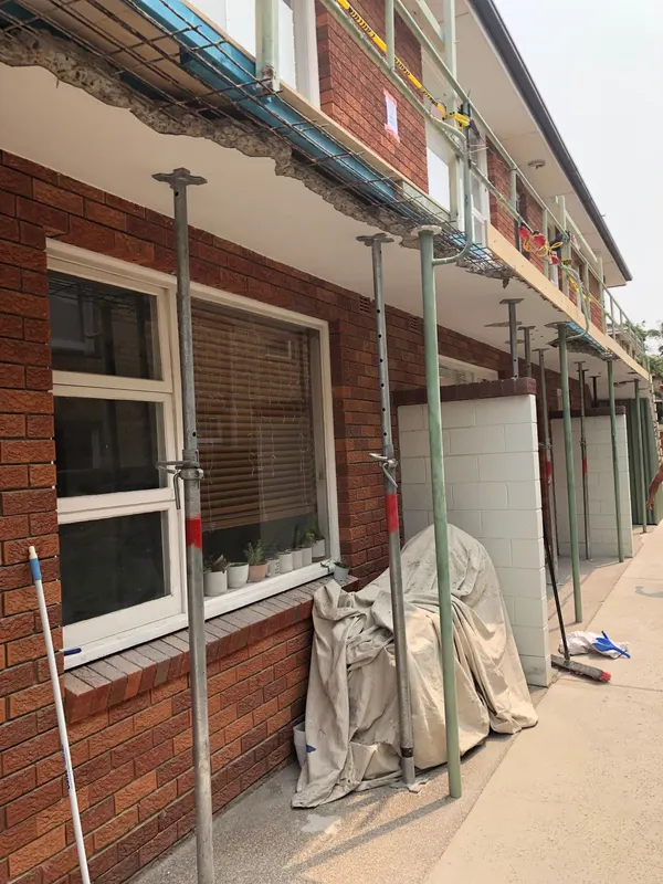 Balconies propped for concrete spalling repairs, North Cronulla