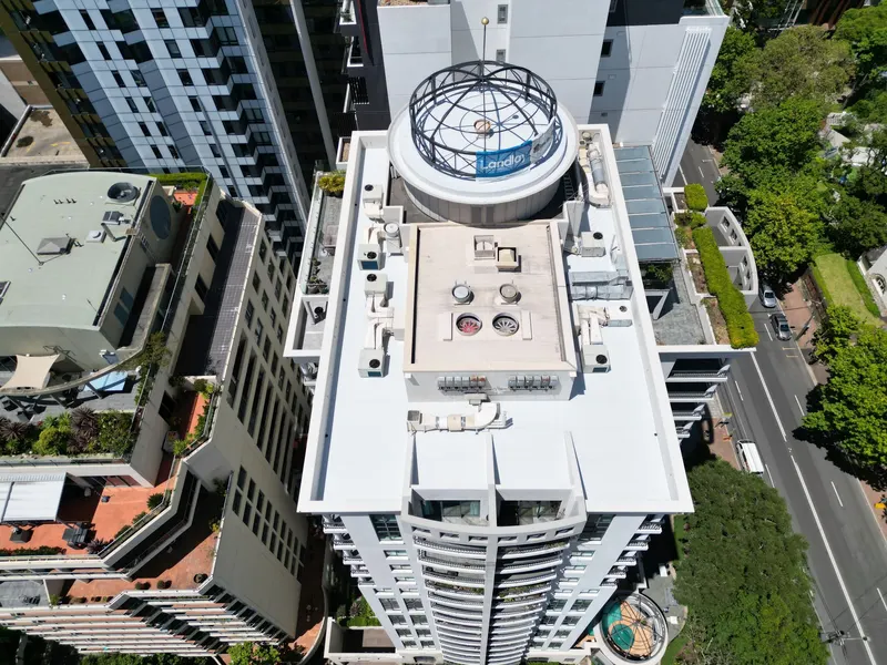 Aerial view of rooftop waterproofing on a North Sydney high-rise